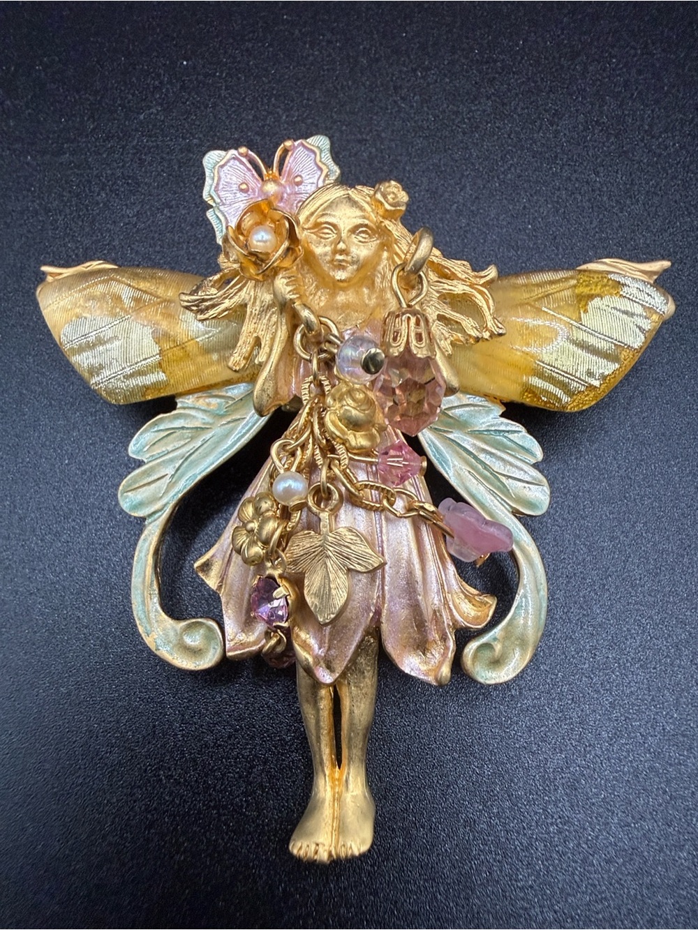 Kirk’s Folly Signed Goldtone Enamel Primrose Flower Fairy brooch/pendant